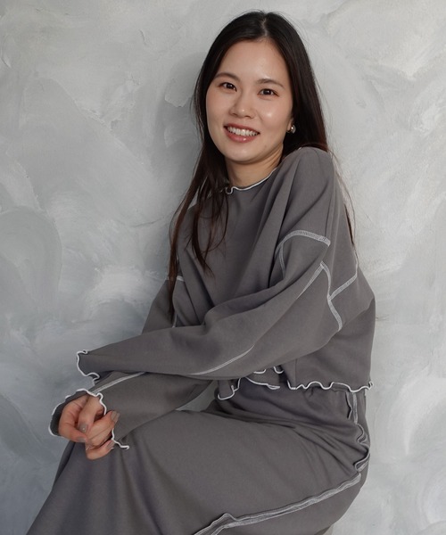 CORNERS（コーナーズ）の「配色ステッチ裏毛ショートトップス（スウェット・レディース・ピンク/オートミール/チャコールグレー/ブルー・M）」の8枚目の写真