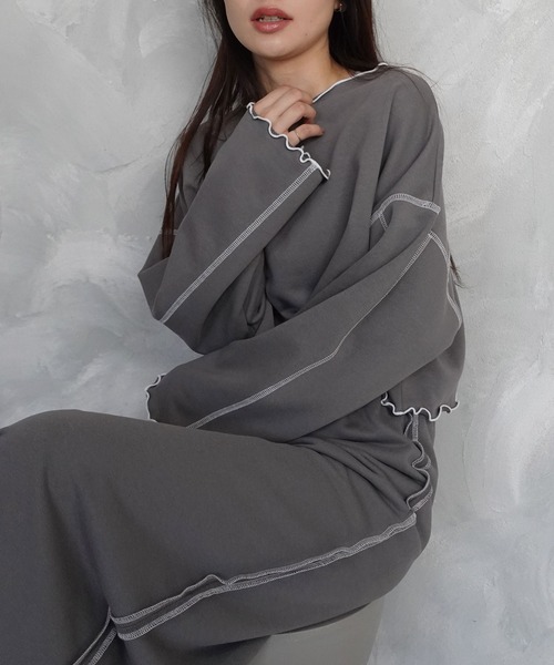 CORNERS（コーナーズ）の「配色ステッチ裏毛ショートトップス（スウェット・レディース・ピンク/オートミール/チャコールグレー/ブルー・M）」の7枚目の写真