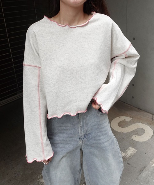 CORNERS（コーナーズ）の「配色ステッチ裏毛ショートトップス（スウェット・レディース・ピンク/オートミール/チャコールグレー/ブルー・M）」の19枚目の写真