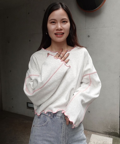 CORNERS（コーナーズ）の「配色ステッチ裏毛ショートトップス（スウェット・レディース・ピンク/オートミール/チャコールグレー/ブルー・M）」の17枚目の写真