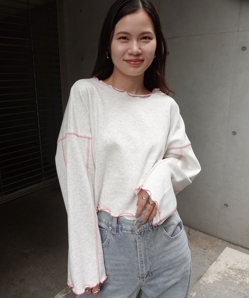 CORNERS（コーナーズ）の「配色ステッチ裏毛ショートトップス（スウェット・レディース・ピンク/オートミール/チャコールグレー/ブルー・M）」の16枚目の写真