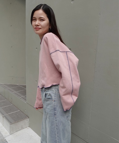 CORNERS（コーナーズ）の「配色ステッチ裏毛ショートトップス（スウェット・レディース・ピンク/オートミール/チャコールグレー/ブルー・M）」の15枚目の写真