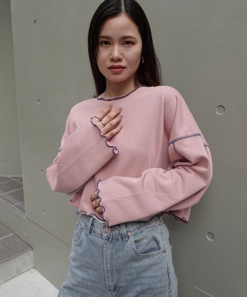 CORNERS（コーナーズ）の「配色ステッチ裏毛ショートトップス（スウェット・レディース・ピンク/オートミール/チャコールグレー/ブルー・M）」の14枚目の写真