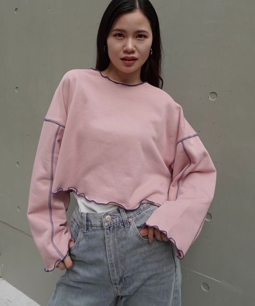 CORNERS（コーナーズ）の「配色ステッチ裏毛ショートトップス（スウェット・レディース・ピンク/オートミール/チャコールグレー/ブルー・M）」の13枚目の写真