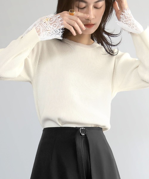 ELFRANK(エルフランク)の「袖口レースリブニットプルオーバー(Tシャツ/カットソー・レディース・ブラック/オフホワイト/チャコールグレー・FREE)」の22枚目の写真