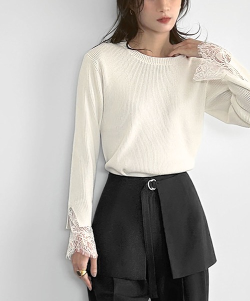 ELFRANK(エルフランク)の「袖口レースリブニットプルオーバー(Tシャツ/カットソー・レディース・ブラック/オフホワイト/チャコールグレー・FREE)」の13枚目の写真