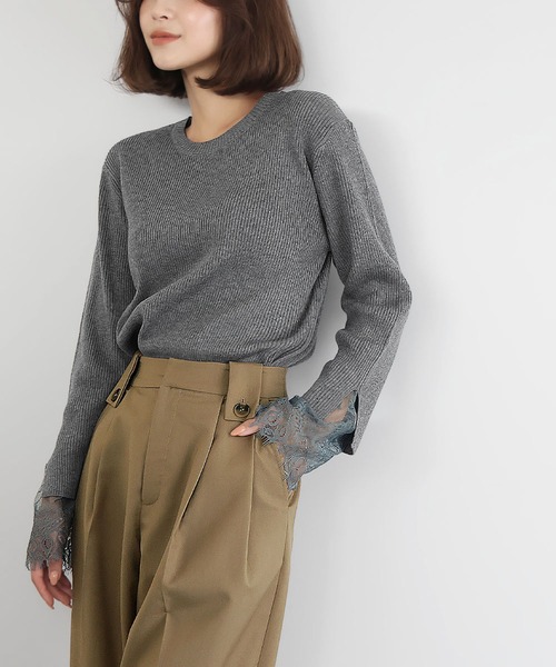 ELFRANK(エルフランク)の「袖口レースリブニットプルオーバー(Tシャツ/カットソー・レディース・ブラック/オフホワイト/チャコールグレー・FREE)」の16枚目の写真