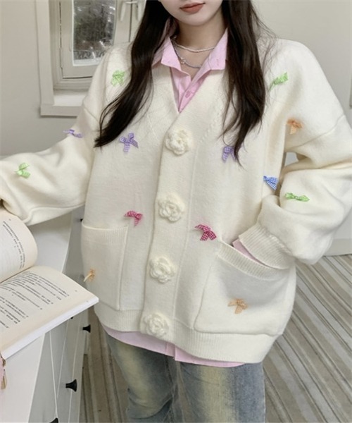 花*♡様 埋められないラインカーディガン Petite Robe canone キラキラリボンケーブルカーディガン（カーディガン｜オフホワイト