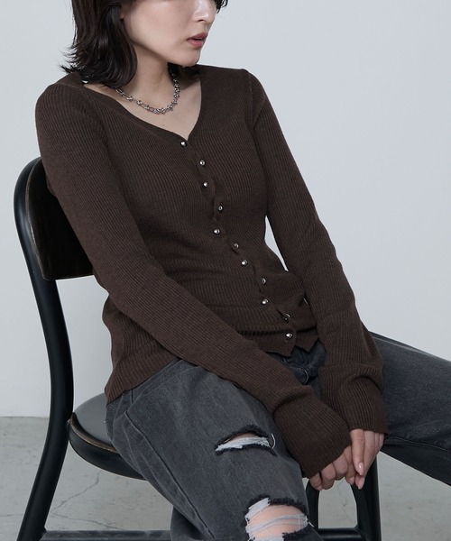 Wave button v-neck ribbed knit cardigan / ウェーブボタンV
