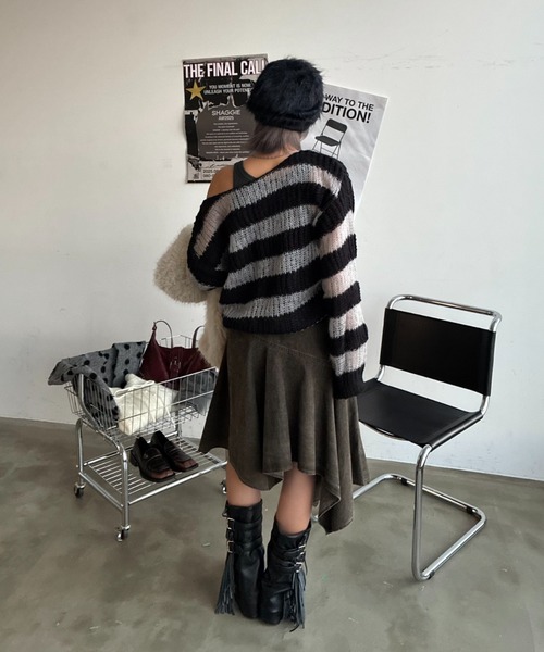 SHAGGIE(シャギー)の「シアーボーダールーズオーバーニット(ニット/セーター・レディース・カーキ/レッド/ブラック・FREE)」の21枚目の写真