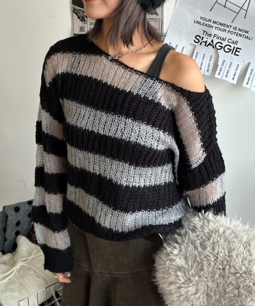 SHAGGIE(シャギー)の「シアーボーダールーズオーバーニット(ニット/セーター・レディース・カーキ/レッド/ブラック・FREE)」の14枚目の写真