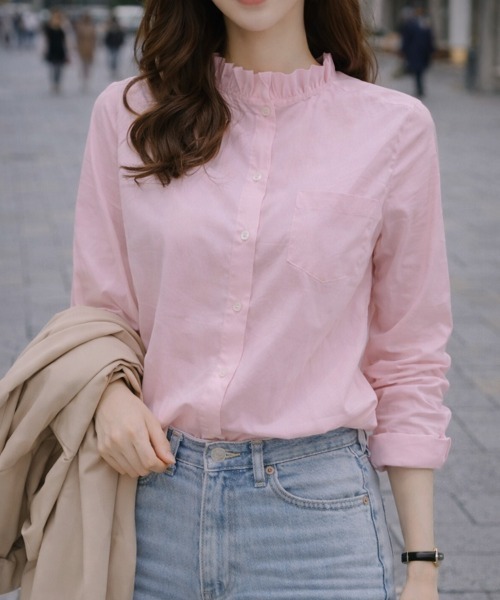 セール】【選べる7カラー/S～XLサイズ展開♪】襟元フリルシャツ