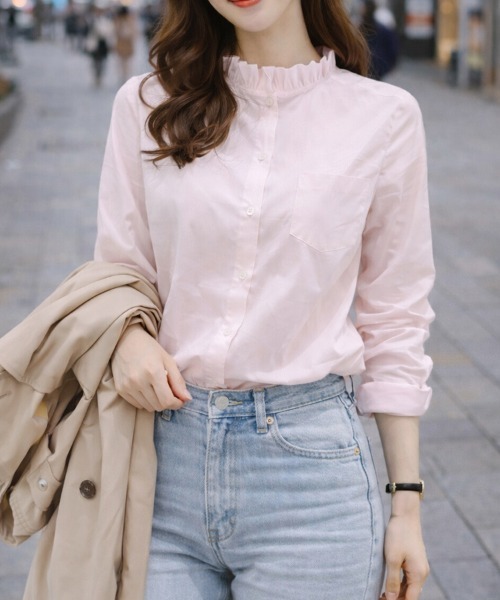 セール】【選べる7カラー/S～XLサイズ展開♪】襟元フリルシャツ
