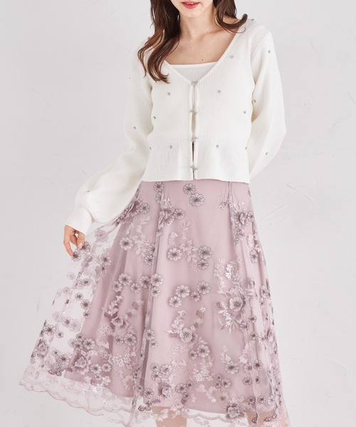 tocco closet 3Dフラワー刺繍バックレースアップフレアスカート きらきらスパンコール入り3Dフラワー刺繍バックレースアップ