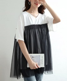 VネックチュールレイヤードTシャツ【大きいサイズ対応】