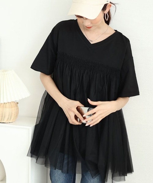 GOLDJAPAN（ゴールドジャパン）の「VネックチュールレイヤードTシャツ【大きいサイズ対応】（Tシャツ/カットソー・レディース・ブラック/ホワイト/ネイビー・LL/3L/4L/5L）」の2枚目の写真