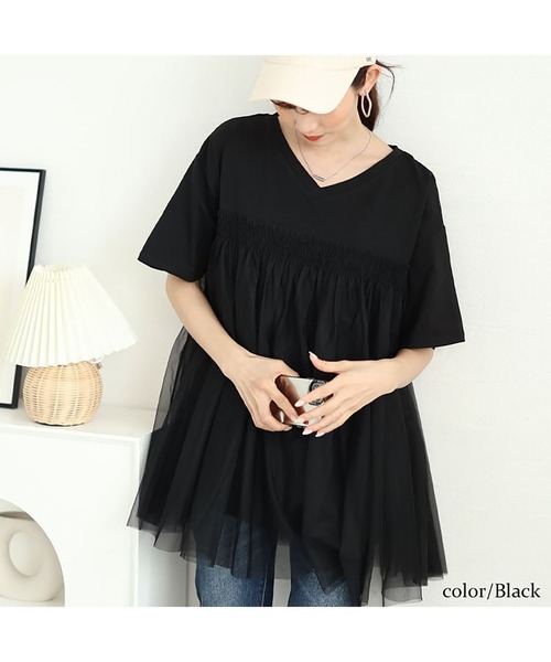 GOLDJAPAN（ゴールドジャパン）の「VネックチュールレイヤードTシャツ【大きいサイズ対応】（Tシャツ/カットソー・レディース・ブラック/ホワイト/ネイビー・LL/3L/4L/5L）」の14枚目の写真