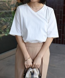Pierrot | 【骨格ストレートさんにオススメ】Vネック/五分袖ベーシックTシャツ(Tシャツ/カットソー)