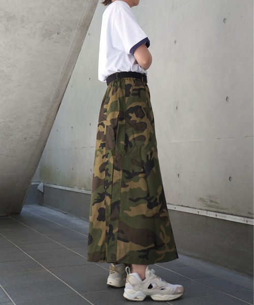 セール】25SS プリントツイル 切替スカート / 迷彩プリントツイル 切替