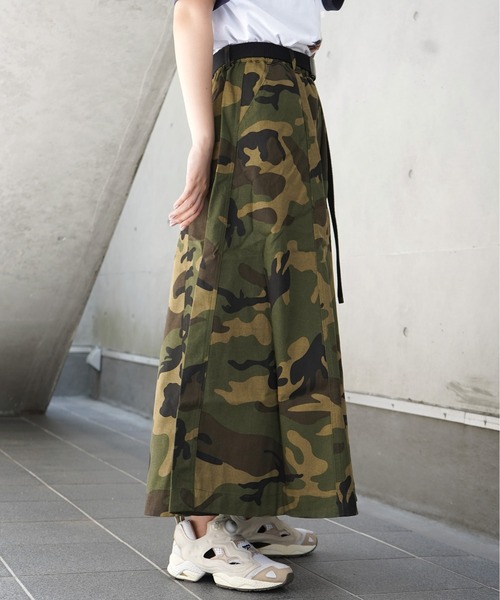 セール】25SS プリントツイル 切替スカート / 迷彩プリントツイル 切替