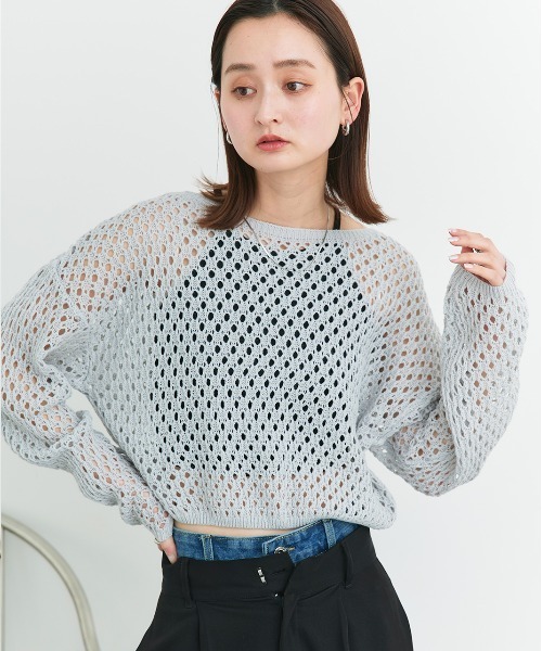 セール】ショート丈透かし編み ニットプルオーバー（ニット