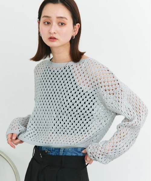 セール】ショート丈透かし編み ニットプルオーバー（ニット