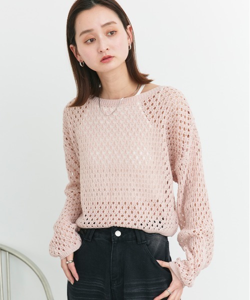 ad thie(アドティエ)の「ショート丈透かし編み ニットプルオーバー(ニット/セーター・レディース・ライトグレー/イエロー/ベージュ/ブラック/ライトピンク/オフホワイト・FREE)」の13枚目の写真