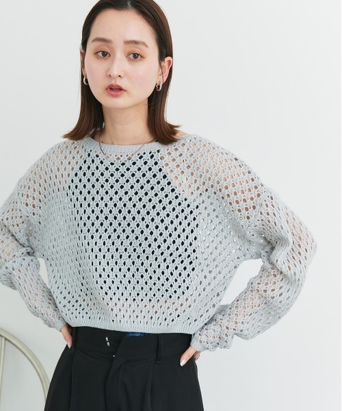 【HELMUT LANG】 透かし編み コットンニットプルオーバー 想像を超えての セール】ショート丈透かし編み ニットプル