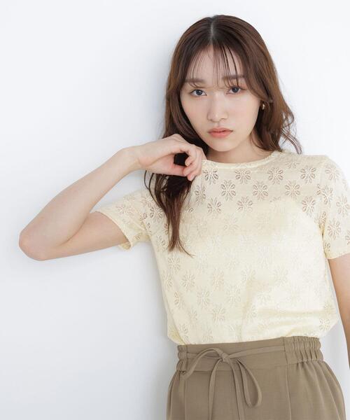 NATURAL BEAUTY BASIC(ナチュラルビューティーベーシック)の「カットレースTシャツ(Tシャツ/カットソー・レディース・ダークブラウン/オフホワイト/イエロー・FREE)」の1枚目の写真