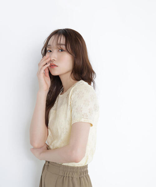 NATURAL BEAUTY BASIC(ナチュラルビューティーベーシック)の「カットレースTシャツ(Tシャツ/カットソー・レディース・ダークブラウン/オフホワイト/イエロー・FREE)」の19枚目の写真
