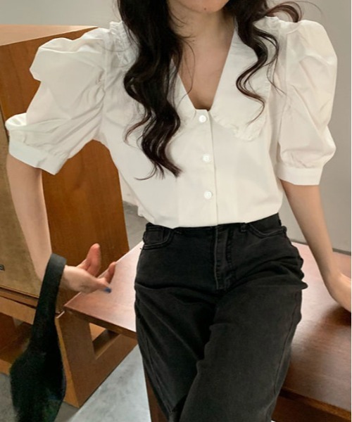 WEGO(ウィゴー)の「WEGO/パフスリーブガーリーブラウス(シャツ/ブラウス・レディース・ホワイト/パープル・MEDIUM/SMALL)」の4枚目の写真