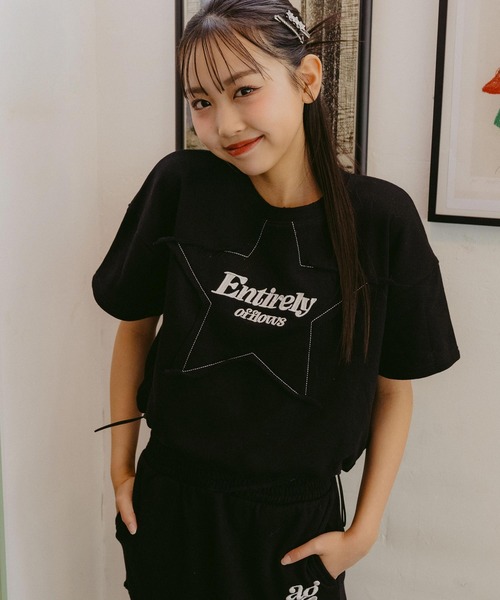 ANAP GｉRL（アナップガール）の「ダメージ加工 星ワッペン クロップド トップス（Tシャツ/カットソー・キッズ・カーキ/ブラック/ライトグレー・XS/S/M）」の18枚目の写真