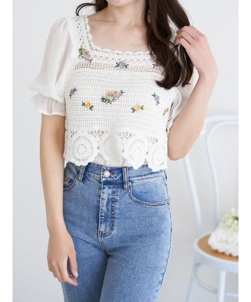 セール】フラワー刺繍かぎ針ドッキングトップス（Tシャツ