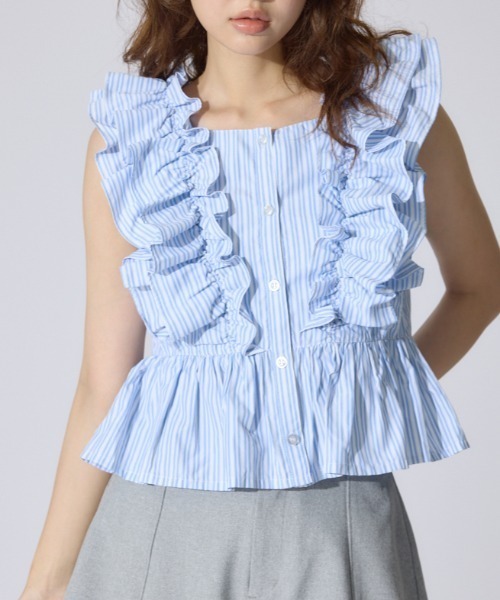 rienda（リエンダ）の「ダブルフリルブラウス 夏服 ノースリーブトップス（シャツ/ブラウス・レディース・ブラック/ブルー系その他/ホワイト系その他・FREE）」の3枚目の写真