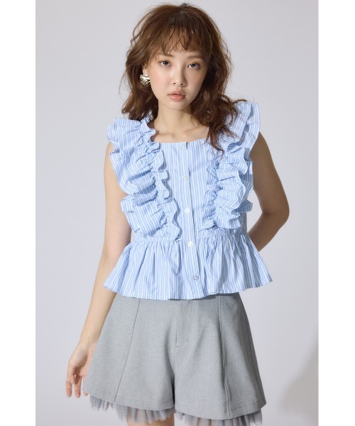 rienda（リエンダ）の「ダブルフリルブラウス 夏服 ノースリーブトップス（シャツ/ブラウス・レディース・ブラック/ブルー系その他/ホワイト系その他・FREE）」の9枚目の写真