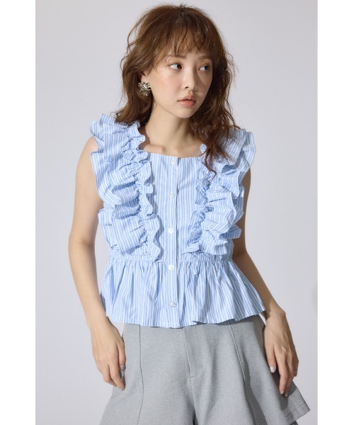 rienda（リエンダ）の「ダブルフリルブラウス 夏服 ノースリーブトップス（シャツ/ブラウス・レディース・ブラック/ブルー系その他/ホワイト系その他・FREE）」の8枚目の写真