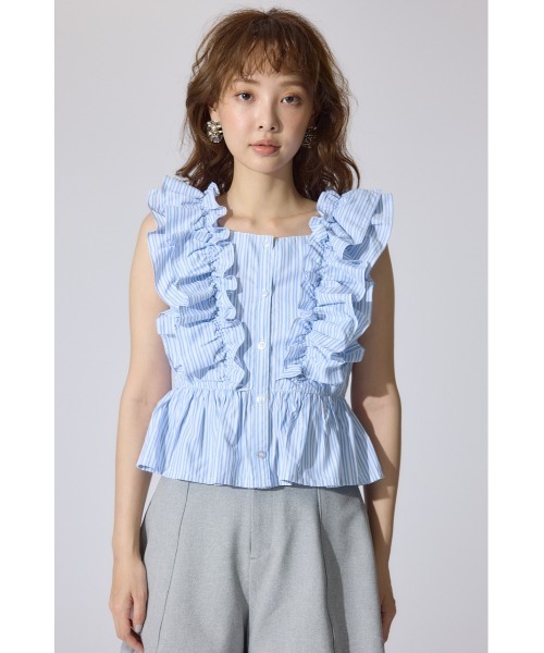 rienda（リエンダ）の「ダブルフリルブラウス 夏服 ノースリーブトップス（シャツ/ブラウス・レディース・ブラック/ブルー系その他/ホワイト系その他・FREE）」の5枚目の写真