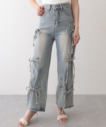 ウォッシュ加工 リボン付き ワイド フレア デニムパンツ