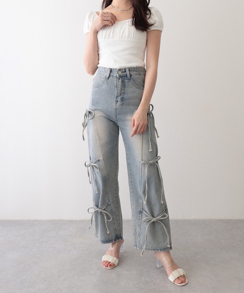 Lace Ladies（レースレディース）の「ウォッシュ加工 リボン付き ワイド フレア デニムパンツ（デニムパンツ・レディース・ブルー・XL/L/M/S/XS）」の7枚目の写真