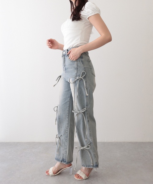 Lace Ladies（レースレディース）の「ウォッシュ加工 リボン付き ワイド フレア デニムパンツ（デニムパンツ・レディース・ブルー・XL/L/M/S/XS）」の5枚目の写真