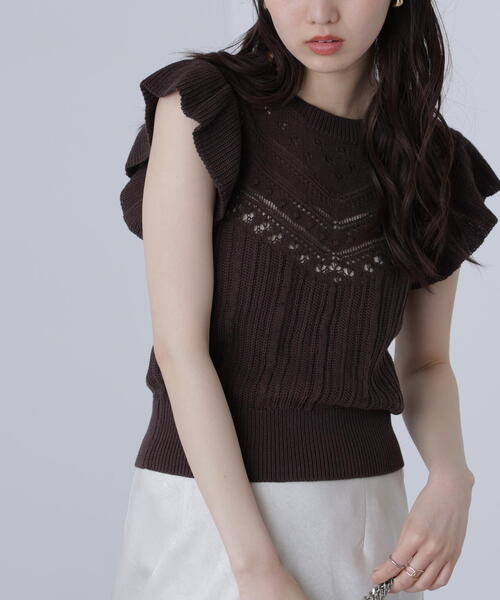 FREE'S MART(フリーズマート)の「◆肩フリル編地切り替えニット(ニット/セーター・レディース・イエロー/ホワイト/ブラウン・FREE)」の3枚目の写真