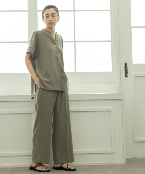 【美品】B&Y 東レ素材 セットアップ オリーブ Lサイズ 洗える/防シワ セール】美脚イージーワイドパンツ【防シワ／洗濯機洗い可／抗ピル