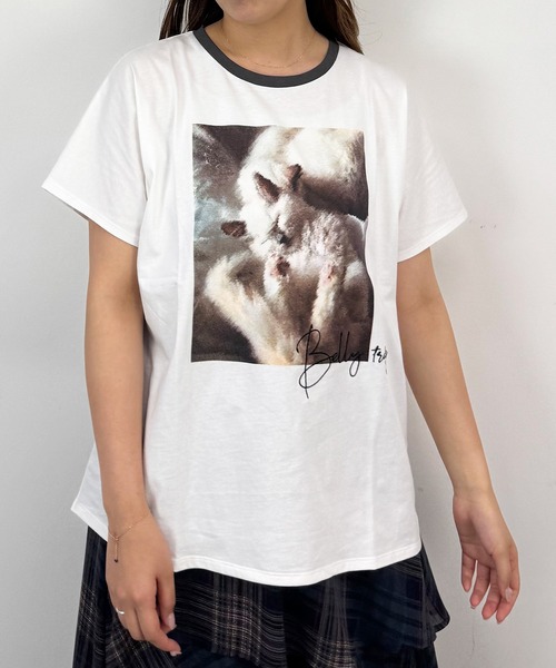 NICOLE CLUB(ニコル クラブ)の「フレンチスリーブ猫Tシャツ(Tシャツ/カットソー・レディース・チャコール/オフホワイト/ホワイト×グレー・FREE)」の2枚目の写真