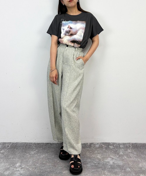NICOLE CLUB(ニコル クラブ)の「フレンチスリーブ猫Tシャツ(Tシャツ/カットソー・レディース・チャコール/オフホワイト/ホワイト×グレー・FREE)」の9枚目の写真