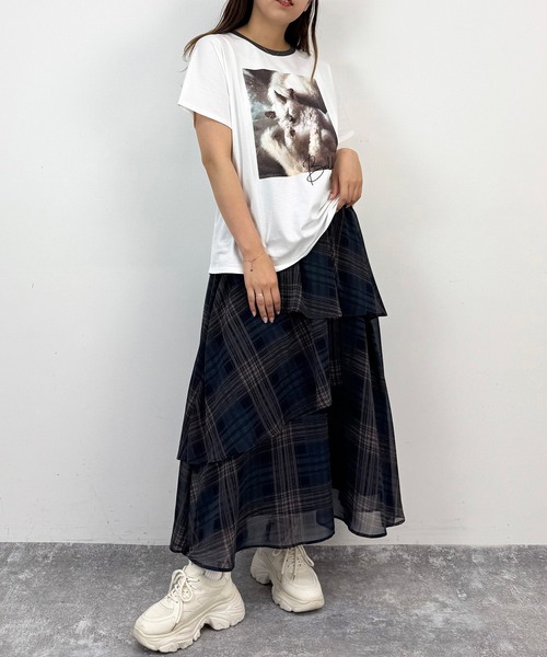 NICOLE CLUB(ニコル クラブ)の「フレンチスリーブ猫Tシャツ(Tシャツ/カットソー・レディース・チャコール/オフホワイト/ホワイト×グレー・FREE)」の12枚目の写真