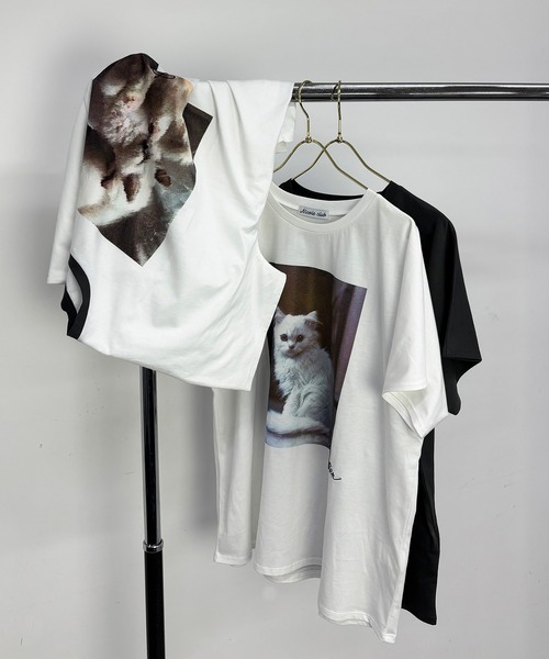 NICOLE CLUB(ニコル クラブ)の「フレンチスリーブ猫Tシャツ(Tシャツ/カットソー・レディース・チャコール/オフホワイト/ホワイト×グレー・FREE)」の16枚目の写真
