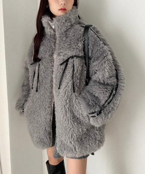 one after another NICE CLAUP（ワンアフターアナザーナイスクラップ）の「サイドラインリボンボアブルゾン（ブルゾン・レディース・ブラック/ベージュ/グレー/オフホワイト・FREE）」の18枚目の写真