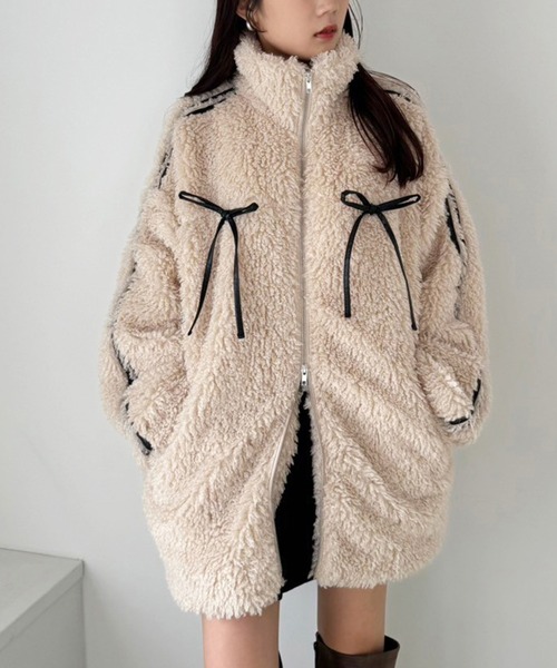 one after another NICE CLAUP（ワンアフターアナザーナイスクラップ）の「サイドラインリボンボアブルゾン（ブルゾン・レディース・ブラック/ベージュ/グレー/オフホワイト・FREE）」の11枚目の写真