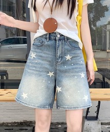 星柄ブリーチ5分丈ワイドデニムパンツ