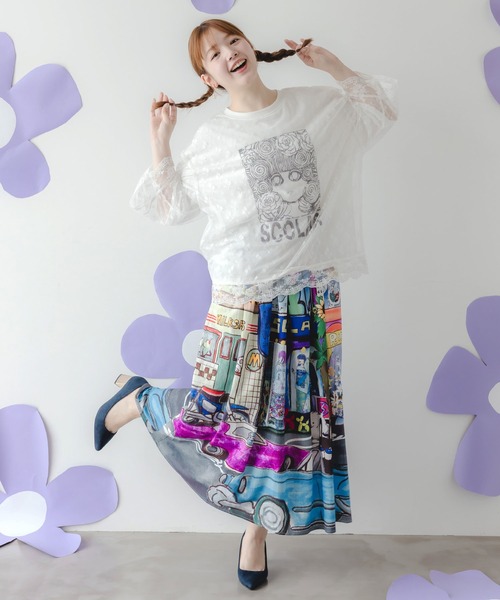 ScoLar（スカラー）の「152755：四季の柄・ヴィンテージカー 2柄展開スカート（Tシャツ/カットソー・レディース・オレンジ/ブラック・M）」の3枚目の写真